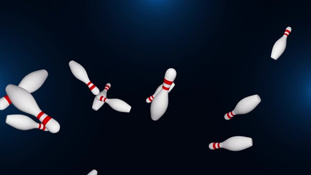 Falling Bowling Pins animated background. High quality 4k. 3d bowling balls pins. Sports and entertainment. pin bowling, strike, playing tennis bowl. Building bowling games. Activities entertainment