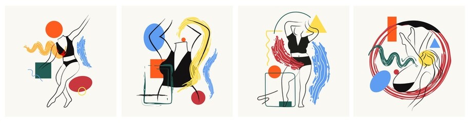 Abstract vector print set with outline woman body, lines, circles and doodle elements. Slim female figure minimalist art design. Colored poster, fashion illustration with geometric pattern - 501534808