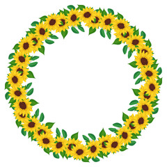 Yellow sunflower wreath with green leaves. Round frame, cute bright flowers with dark hearts. Festive decorations for wedding, holiday, postcard, poster and design. Vector flat illustration