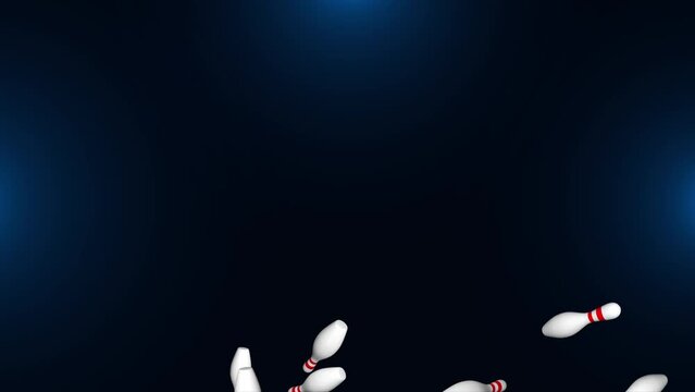 3D 4K bowling pin particle loop animation Background. Skittles and bowling ball. Close-up. Activities and entertainment. Outdated Bowling Equipment. Bowling and sport leisure standing concept.
