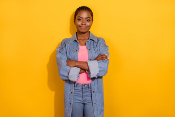 Photo of young lovely girl folded hands smart leader manager wear modern outfit isolated over yellow color background