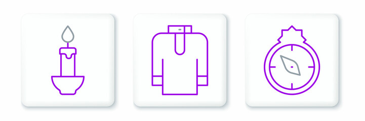 Set line Qibla, Burning candle and Shirt kurta icon. Vector