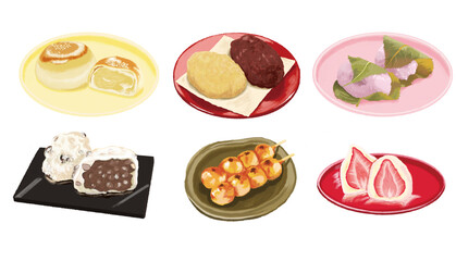 団子屋和菓子の栗饅頭、お萩、きなこお萩、桜餅、大福、団子、苺大福、6セット