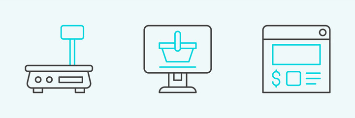 Set line Online ordering and delivery, Electronic scales and Shopping cart computer icon. Vector