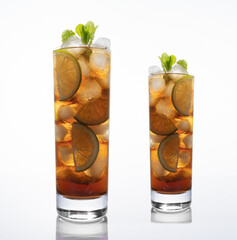 Cuba libre cocktail in tall glass isolated on white background. Rum and Coke, or the Cuba libre, is...