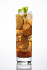 Cuba libre cocktail in tall glass isolated on white background. Rum and Coke, or the Cuba libre, is...