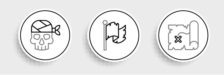 Set line Pirate treasure map, captain and flag icon. Vector
