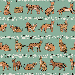 Serval wild african cat vector seamless pattern