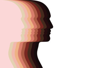 Man heads silhouettes different colors skin. Symbol racial equality and diversity. Partnership and mutual assistance concept. Vector illustration - obrazy, fototapety, plakaty