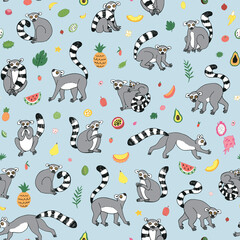 lemur funny animal with tropical fruits illustrations vector  seamless pattern © GooseFrol