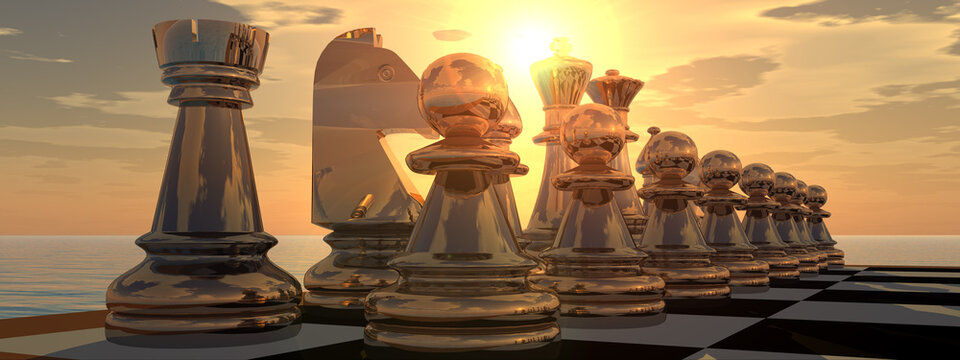 Schachspiel vor sonnigem Himmel bei Sonnenuntergang