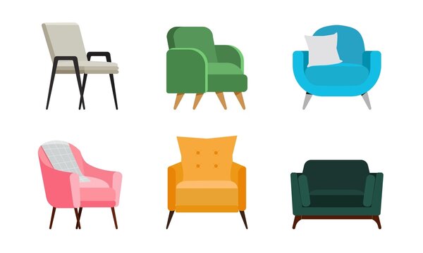 Set of different armchairs for living room. Vector illustration in flat style isolated on white background