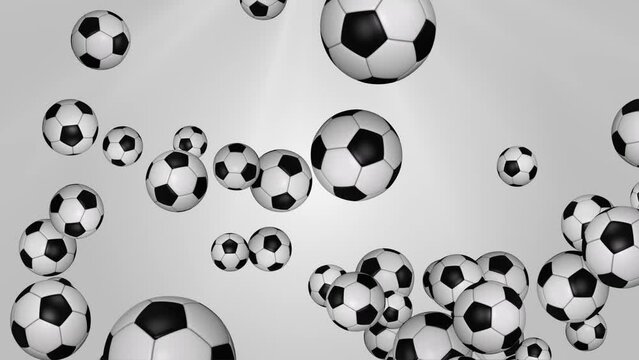 Flying soccer balls football Soccer Sport Background. Animation of black and white soccer football ball spinning. football for sports advertising. soccer championship. Summer sports games