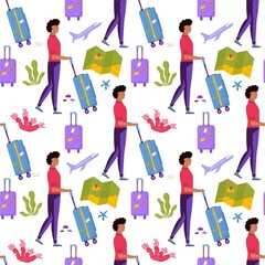 Seamless pattern with people holding suitcase, baggage for tourism. Set of travel stuff for adventure vacation, travel. Journey decorative design. Flat cartoon trendy vector
