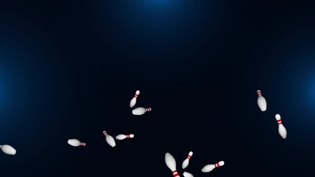 Falling Bowling Pins animated background. High quality 4k. 3d bowling balls pins. Sports and entertainment. pin bowling, strike, playing tennis bowl. Building bowling games. Activities entertainment
