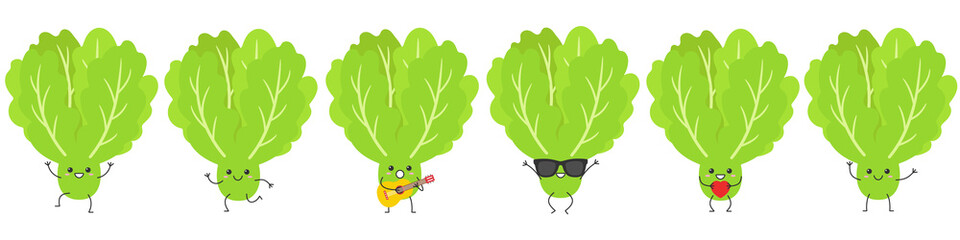 Lettuce cute character cartoon leaves green salad set greeting jumping loves sings running smiling face happy joy emotions icon vector illustration.