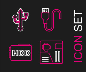 Set line Motherboard digital chip, Hard disk drive HDD, USB cable cord and icon. Vector