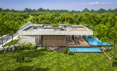 Fototapeta premium 3d rendering of new concrete house in modern style with pool and parking for sale or rent and beautiful landscaping on background. The house has only one floor. Summer sunny day with clear blue sky.