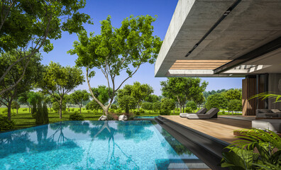 3d rendering of new concrete house in modern style with pool and parking for sale or rent and beautiful landscaping on background. The house has only one floor. Summer sunny day with clear blue sky.