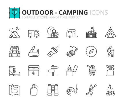 Simple set of outline icons outdoor - camping