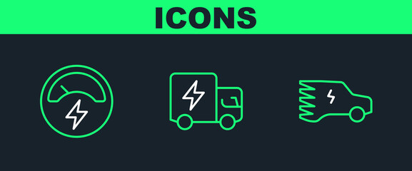 Set line Electric car, Voltmeter and truck icon. Vector