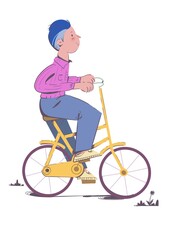 Blue hair boy in blue jeans and pink sweater rides a yellow bycicle