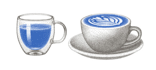 Blue latte and tea. Butterfly pea matcha. Ceramic cup on saucer, glass double wall cup. Sketch. Blue tea drink, milk foam. Hand-drawn vector.