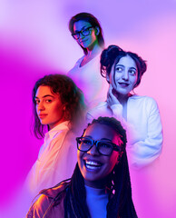 Poster with for beautiful girls isolated on lilac color background in neon light, filter. Concept of emotions, youth, fashion, music