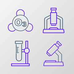Set line Microscope, Test tube flask on stand, and Ozone icon. Vector