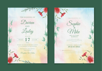 Obraz premium Wedding invitation card template set with watercolor and floral decoration. Flowers illustration for save the date, greeting, poster, and cover design Abstract Background. 