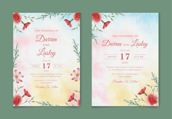 Wedding invitation card template set with watercolor and floral decoration. Flowers illustration for save the date, greeting, poster, and cover design  Abstract Background.
