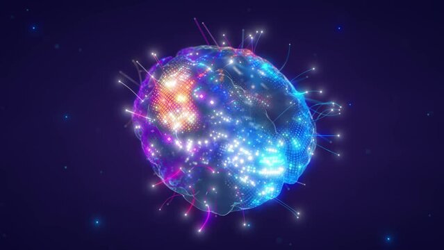 Animation of digital brain connections spreading out. Artificial intelligence and neural network motion concept. Brain connectome and neural connections mapping