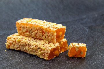 Turkish Delight with Orange. Hazelnut coated Turkish delight. Traditional Turkish cuisine delicacies. close up