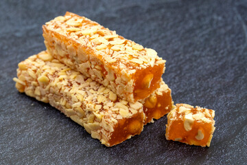 Turkish Delight with Orange. Hazelnut coated Turkish delight. Traditional Turkish cuisine delicacies. close up