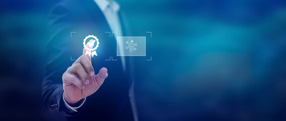 Businessman pointing digital button growth and financial network connection, analyzing report data...
