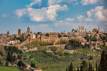 Beautiful panoramic view of the old town of Orvieto, Umbria, Italy, Terni province.Arial view - obrazy, fototapety, plakaty