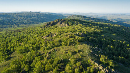 The Southern Urals in spring, the border of Europe and Asia - Irendyk ridge, Mountain of volcanic origin Yanguziai.