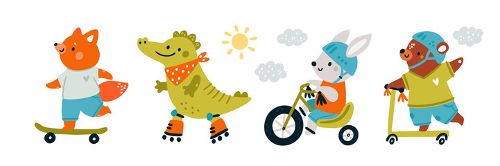 Cute baby animals ride roller skate, scooter, bicycle, skateboard. Сartoon cubs have fun in the summer. Milestone clipart. Summer activity sportive animals illustration. Fox, bear, bunny, crocodile