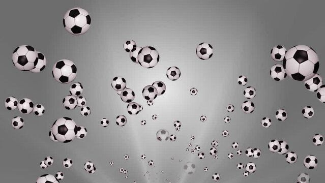 Flying soccer balls football Soccer Sport Background. Animation of black and white soccer football ball spinning. football for sports advertising. soccer championship. Summer sports games