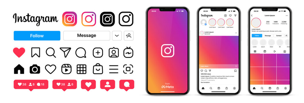 Instagram mockup app template screens on Apple iPhone vector set. Instagram new update interface on realistic smartphone: profile, photo, message, story. Editable text and blank frames. Stock vector.