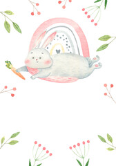 autumn holiday invitation template with rabbit near rainbow, watercolor childish illustration isolated on white background