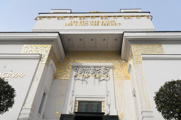 Facade of the famous Secession Building with golden dome in Vienna, Austria. January 2022 