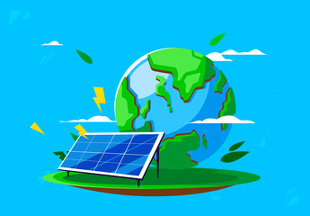vector illustration of a solar panel on a background of green leaves, planet earth, environmental protection