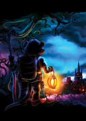 Fantasy traveler / A mouse in human-like pose with a road staff and a lantern, fable old town with lights in the background. Digital painting