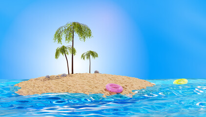 Fototapeta na wymiar Tropical island with palm trees, 3d render. Sandy island in the ocean. Tropical landscape. Vacation concept
