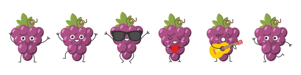 Set bunch red grapes greeting jumping loves sings running cute funny character cartoon smiling face happy joy emotions ripe juicy symbol wine beautiful icon vector illustration.