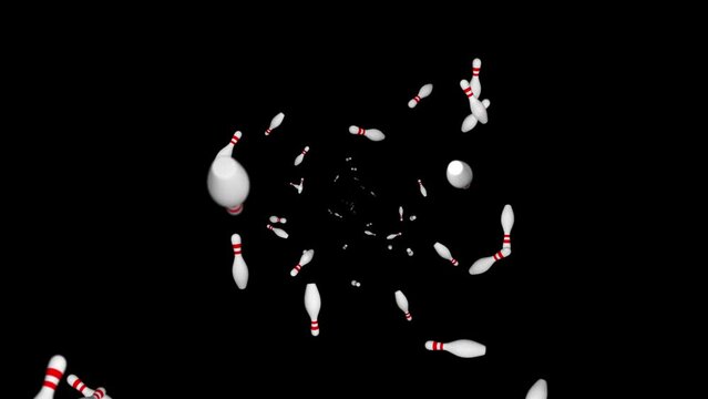 4K 3D shot of a bowling game Falling Loop Green screen background. bowling games, recreational activities Rowing pins for sports, leisure recreational concept. Bowling pins for bowling