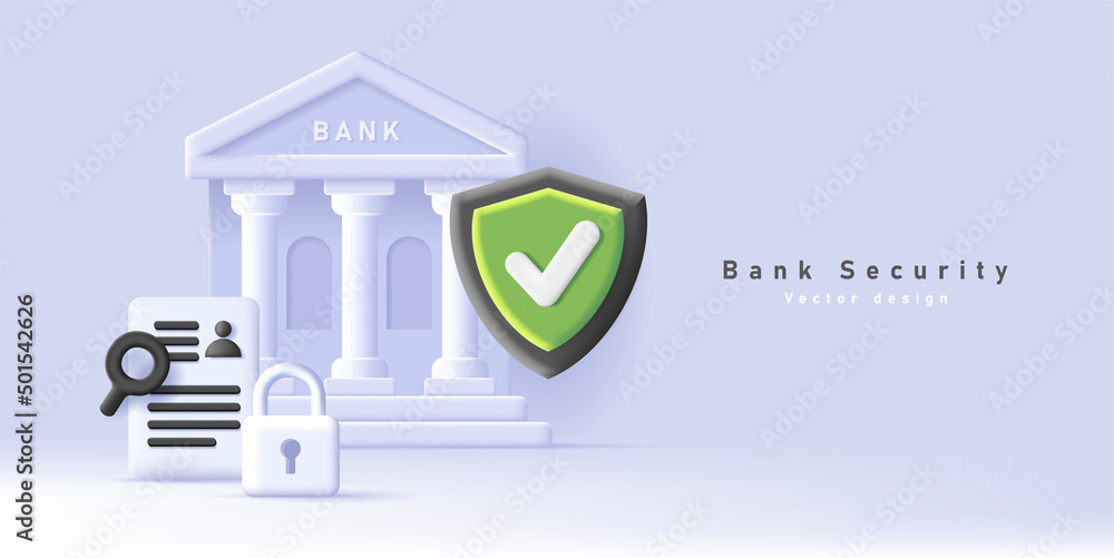 Poster web banner with bank building and shield indicating security and encryption, padlock and finance doc