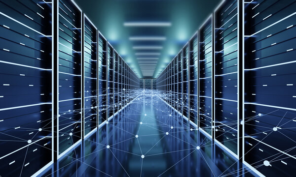 Computer network security server room data center. big data storage and cloud, 3D illustration