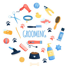 Flat dog and cat grooming tools set in circular shape. Vector pet care equipment elements isolated on white background. Shampoo, combs, toys and tools for wool care. 